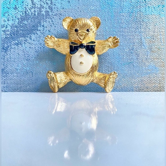 St. John Jewelry - VTG ST. JOHN 24K Gold Teddy Bear Brooch with Enamel Black Bow & White Belly RARE